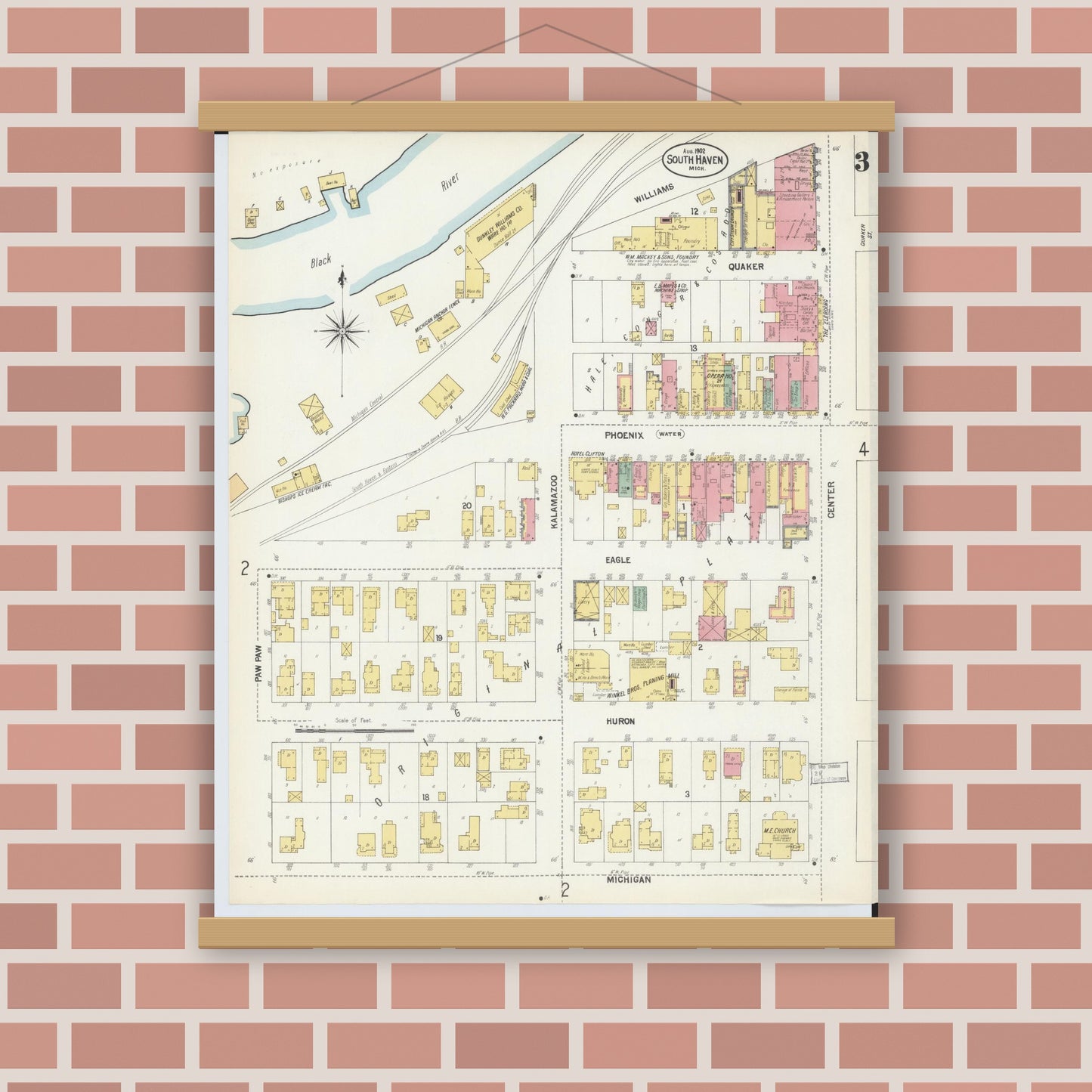Old map wall art mockup — magnetic wood frame on brick wall — Sanborn Fire Insurance Map from South Haven, Van Buren County, Michigan (1902), Sheet #0003