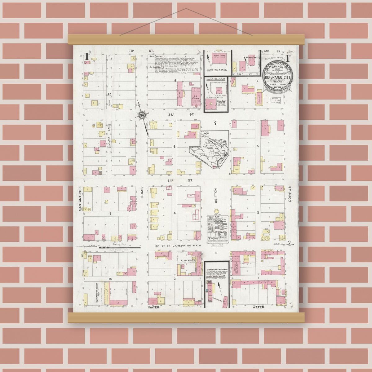 Old map wall art mockup — magnetic wood frame on brick wall — Sanborn Fire Insurance Map from Rio Grande City, Starr County, Texas (1925), Sheet #0001