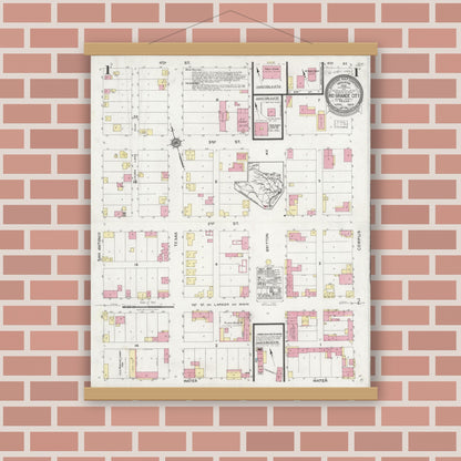 Old map wall art mockup — magnetic wood frame on brick wall — Sanborn Fire Insurance Map from Rio Grande City, Starr County, Texas (1925), Sheet #0001