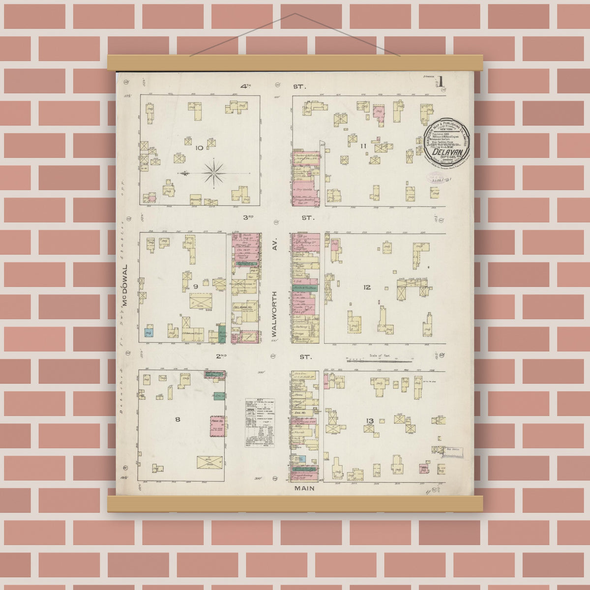 Old map wall art mockup — magnetic wood frame on brick wall — Sanborn Fire Insurance Map from Delavan, Walworth County, Wisconsin (1885) - Complete Map Set