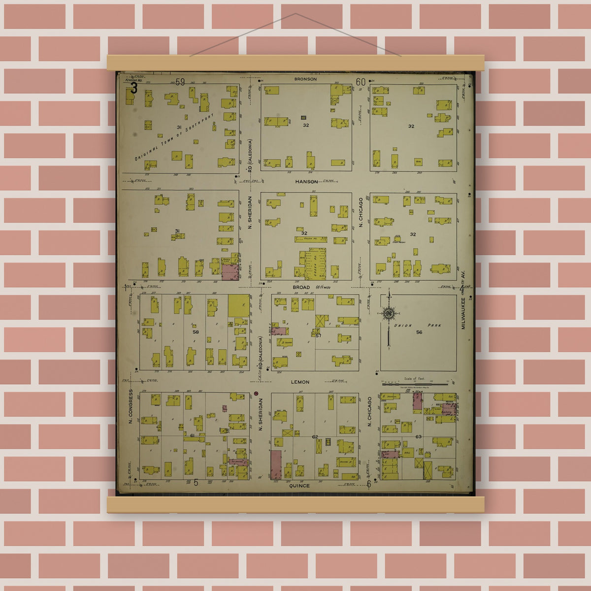 Old map wall art mockup — magnetic wood frame on brick wall — Sanborn Fire Insurance Map from Kenosha, Kenosha County, Wisconsin. (1918), Sheet 7