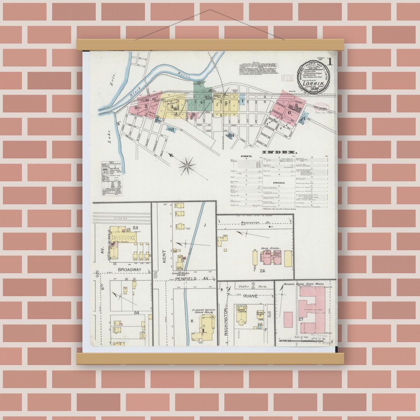 Old map wall art mockup — magnetic wood frame on brick wall — Sanborn Fire Insurance Map from Lorain, Lorain County, Ohio (1893) - Complete Map Set