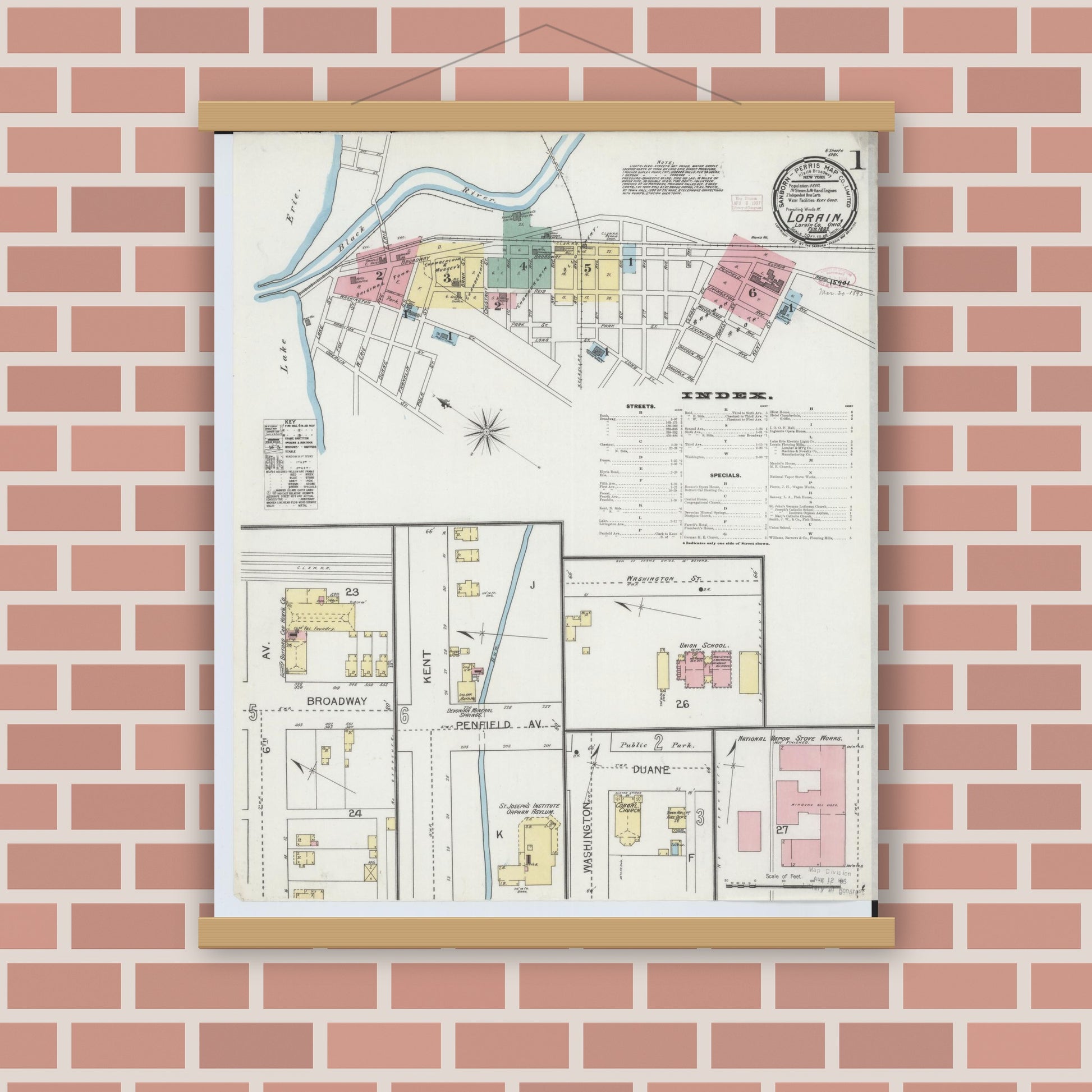 Old map wall art mockup — magnetic wood frame on brick wall — Sanborn Fire Insurance Map from Lorain, Lorain County, Ohio (1893) - Complete Map Set