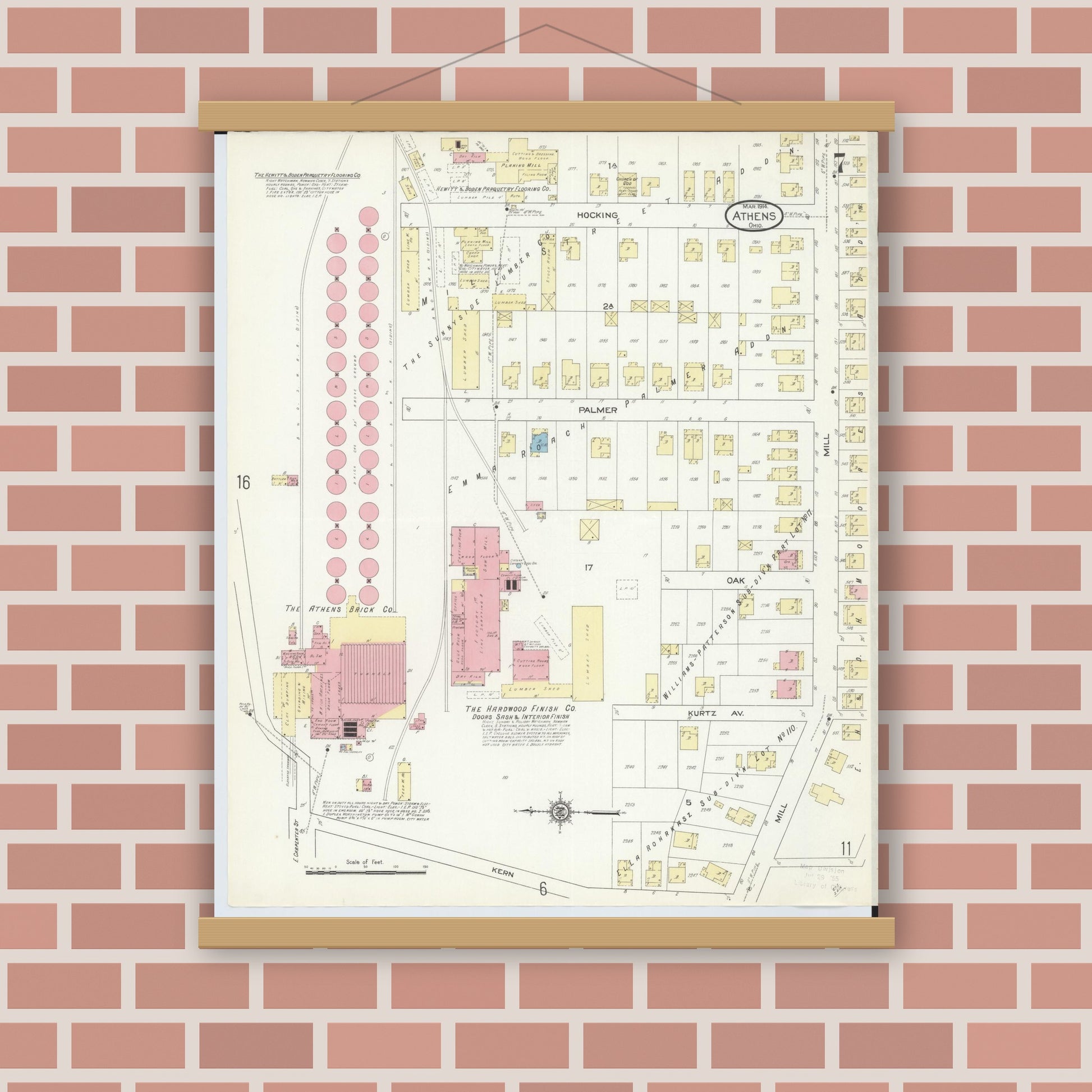 Old map wall art mockup — magnetic wood frame on brick wall — Sanborn Fire Insurance Map from Athens, Athens County, Ohio (1914), Sheet #0007