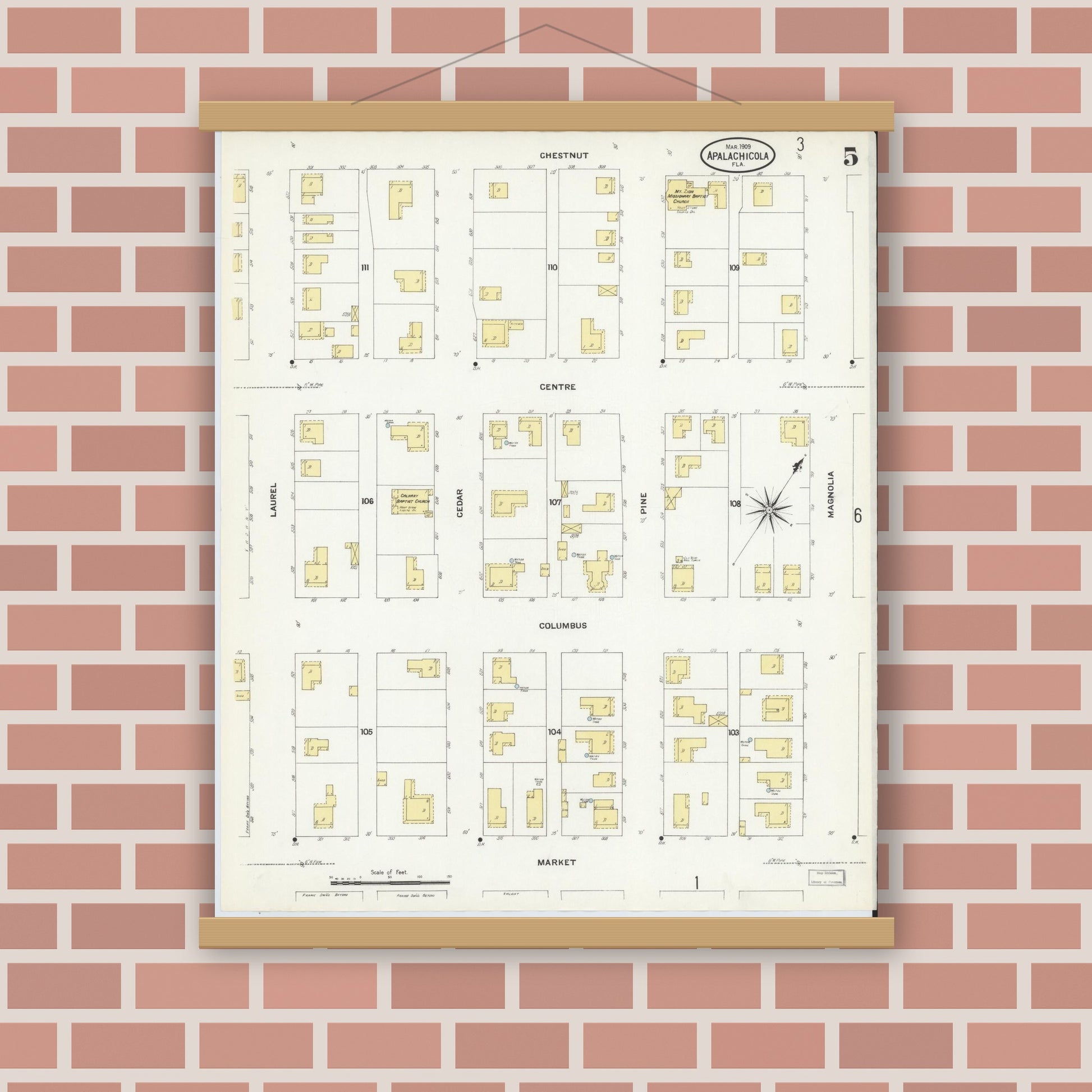 Old map wall art mockup — magnetic wood frame on brick wall — Sanborn Fire Insurance Map from Apalachicola, Franklin County, Florida (1909), Sheet #0005