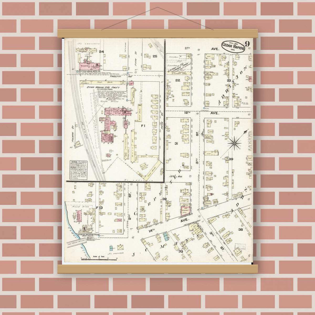 Old map wall art mockup — magnetic wood frame on brick wall — Sanborn Fire Insurance Map from Cedar Rapids, Linn County, Iowa (1884), Sheet #0009