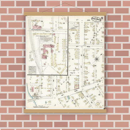Old map wall art mockup — magnetic wood frame on brick wall — Sanborn Fire Insurance Map from Cedar Rapids, Linn County, Iowa (1884), Sheet #0009