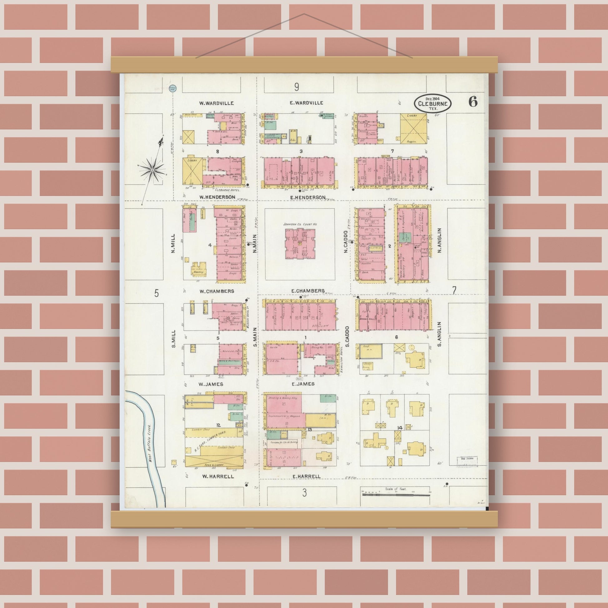 Old map wall art mockup — magnetic wood frame on brick wall — Sanborn Fire Insurance Map from Cleburne, Johnson County, Texas (1904), Sheet #0006