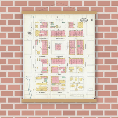 Old map wall art mockup — magnetic wood frame on brick wall — Sanborn Fire Insurance Map from Cleburne, Johnson County, Texas (1904), Sheet #0006