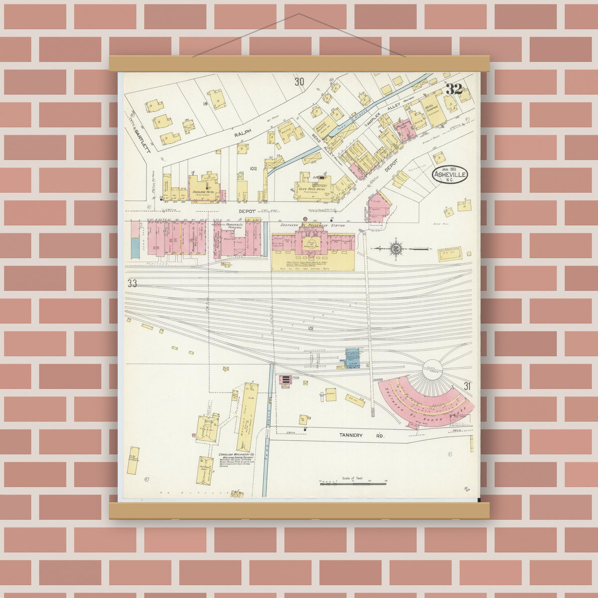 Old map wall art mockup — magnetic wood frame on brick wall — Sanborn Fire Insurance Map from Asheville, Buncombe County, North Carolina (1913), Sheet #0032