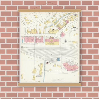 Old map wall art mockup — magnetic wood frame on brick wall — Sanborn Fire Insurance Map from Asheville, Buncombe County, North Carolina (1913), Sheet #0032