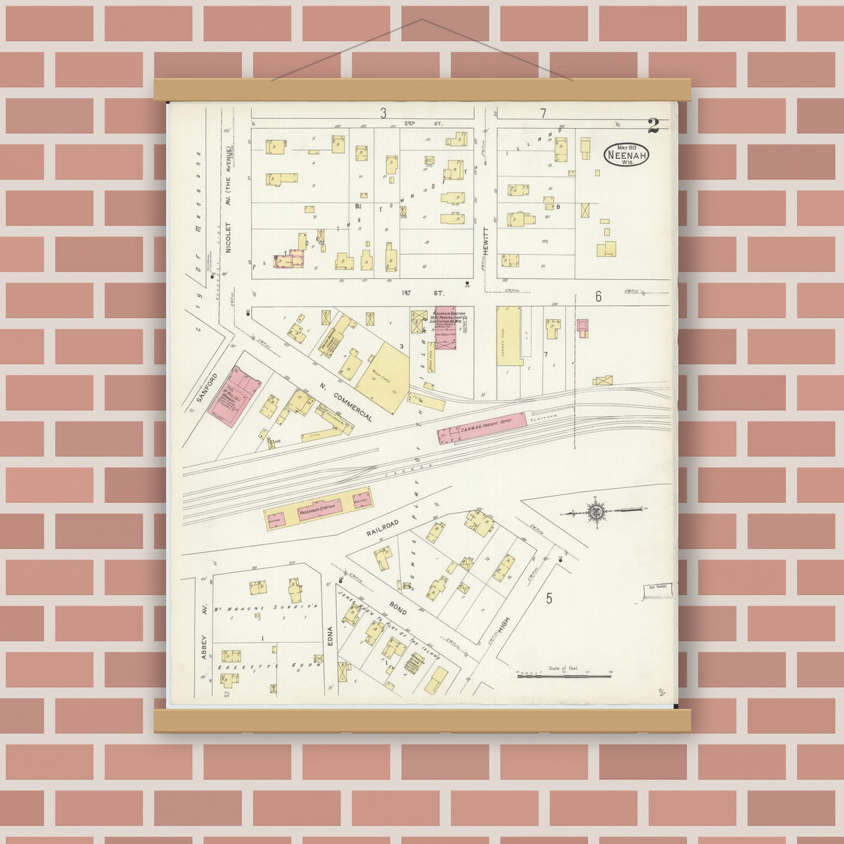 Old map wall art mockup — magnetic wood frame on brick wall — Sanborn Fire Insurance Map from Neenah, Winnebago County, Wisconsin (1913), Sheet #0002