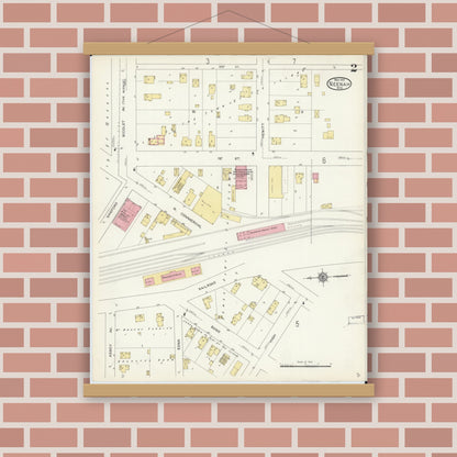 Old map wall art mockup — magnetic wood frame on brick wall — Sanborn Fire Insurance Map from Neenah, Winnebago County, Wisconsin (1913), Sheet #0002