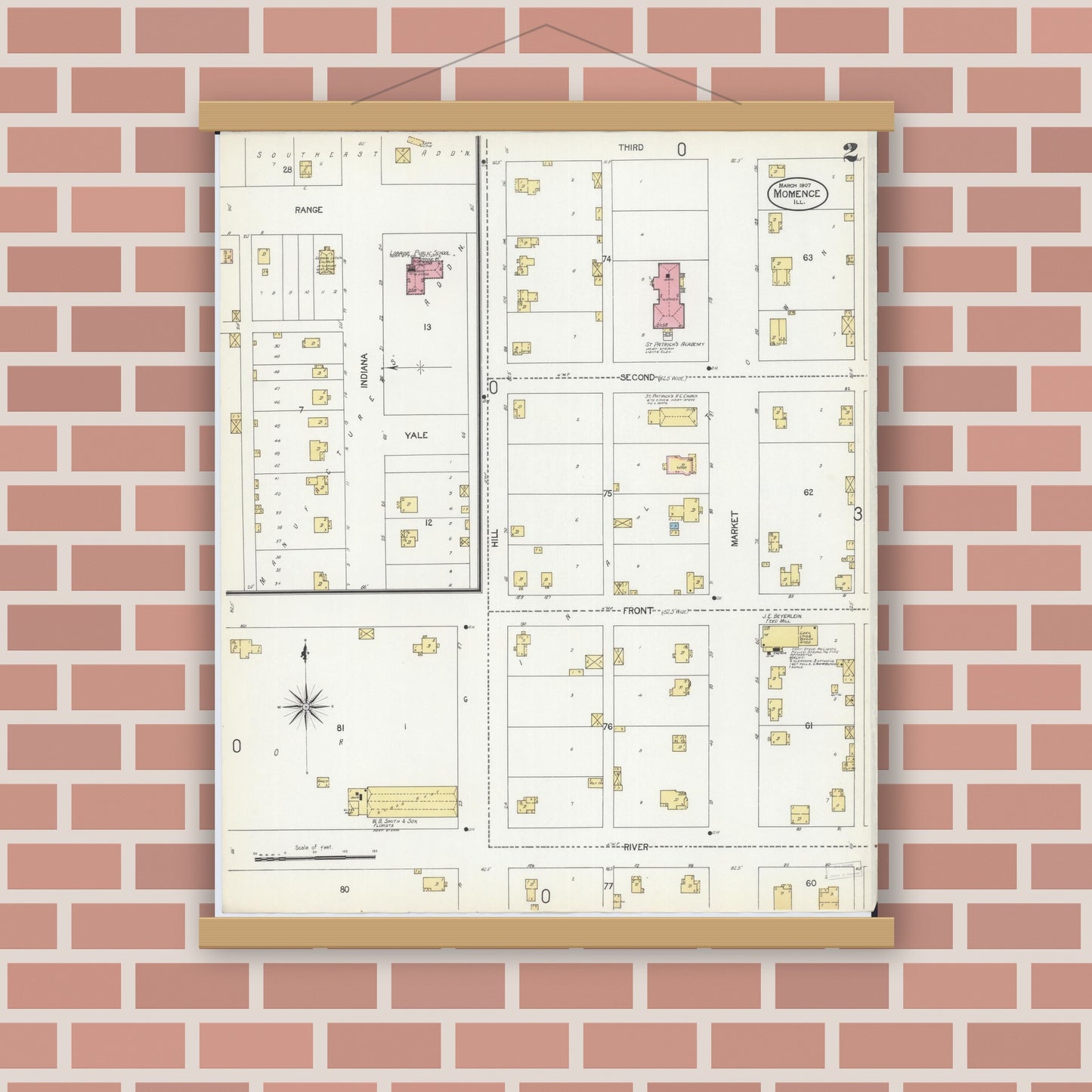 Old map wall art mockup — magnetic wood frame on brick wall — Sanborn Fire Insurance Map from Momence, Kankakee County, Illinois (1907), Sheet #0002
