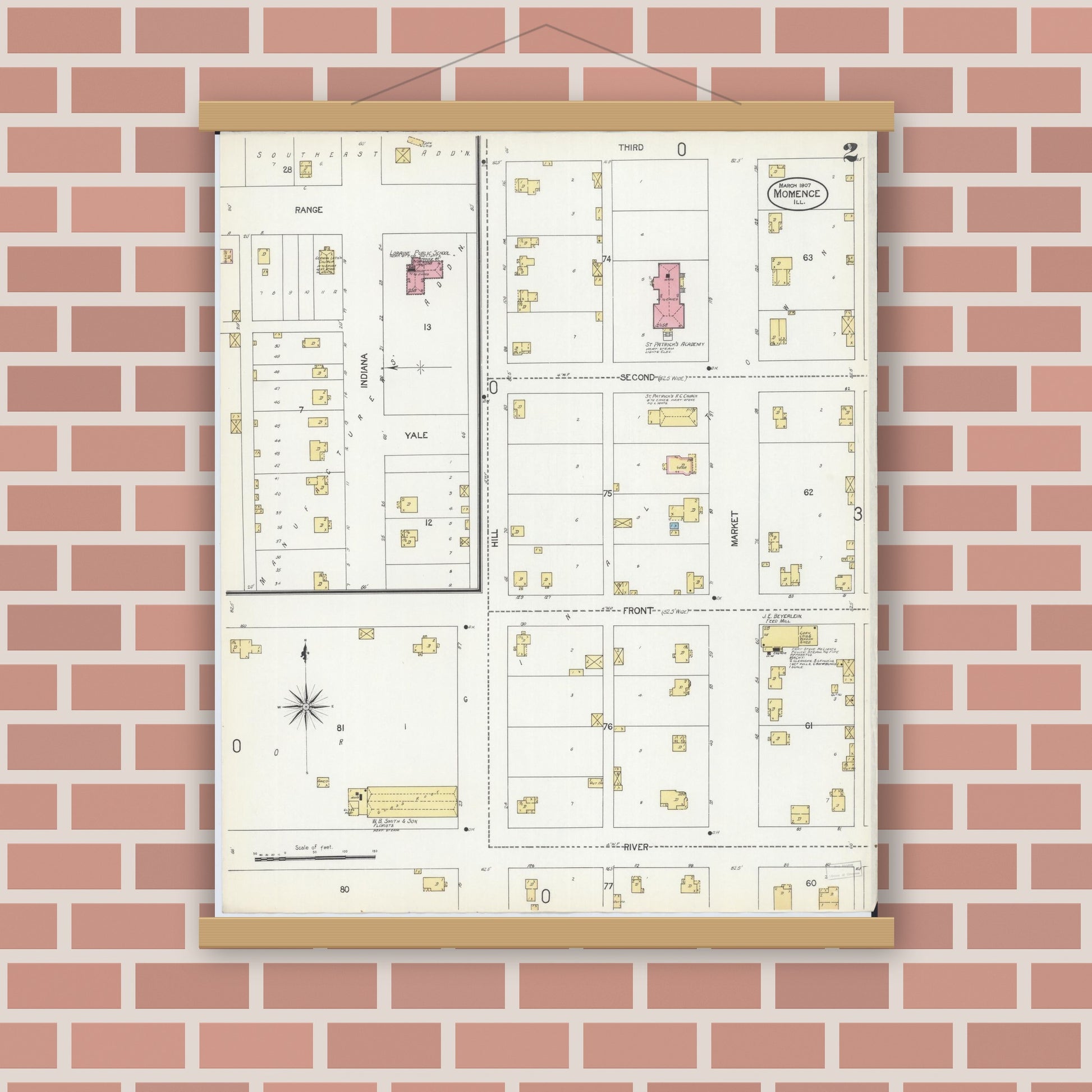 Old map wall art mockup — magnetic wood frame on brick wall — Sanborn Fire Insurance Map from Momence, Kankakee County, Illinois (1907), Sheet #0002