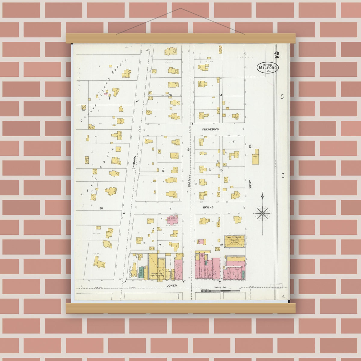 Old map wall art mockup — magnetic wood frame on brick wall — Sanborn Fire Insurance Map from Milford, Iroquois County, Illinois (1906), Sheet #0002