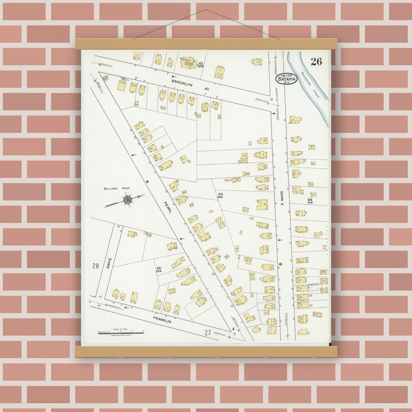Old map wall art mockup — magnetic wood frame on brick wall — Sanborn Fire Insurance Map from Batavia, Genesee County, New York (1919), Sheet #0026