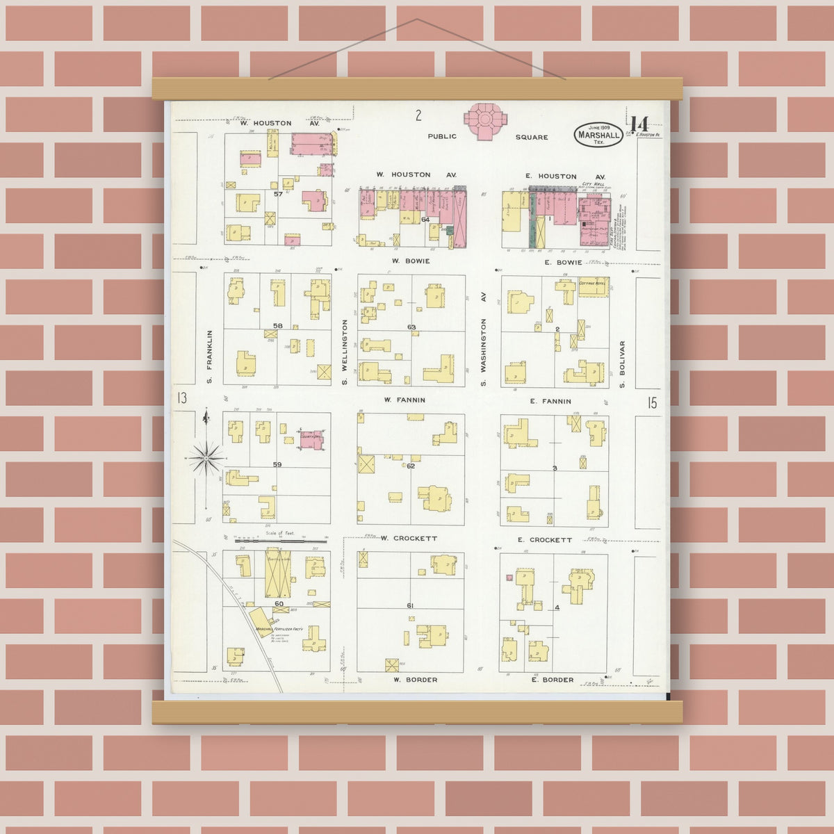Old map wall art mockup — magnetic wood frame on brick wall — Sanborn Fire Insurance Map from Marshall, Harrison County, Texas (1909), Sheet #0014