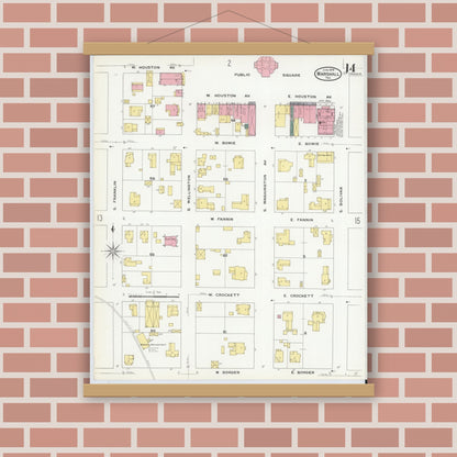 Old map wall art mockup — magnetic wood frame on brick wall — Sanborn Fire Insurance Map from Marshall, Harrison County, Texas (1909), Sheet #0014