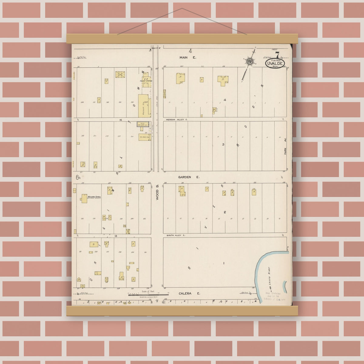 Old map wall art mockup — magnetic wood frame on brick wall — Sanborn Fire Insurance Map from Uvalde, Uvalde County, Texas (1922), Sheet #0007