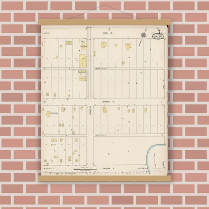 Old map wall art mockup — magnetic wood frame on brick wall — Sanborn Fire Insurance Map from Uvalde, Uvalde County, Texas (1922), Sheet #0007