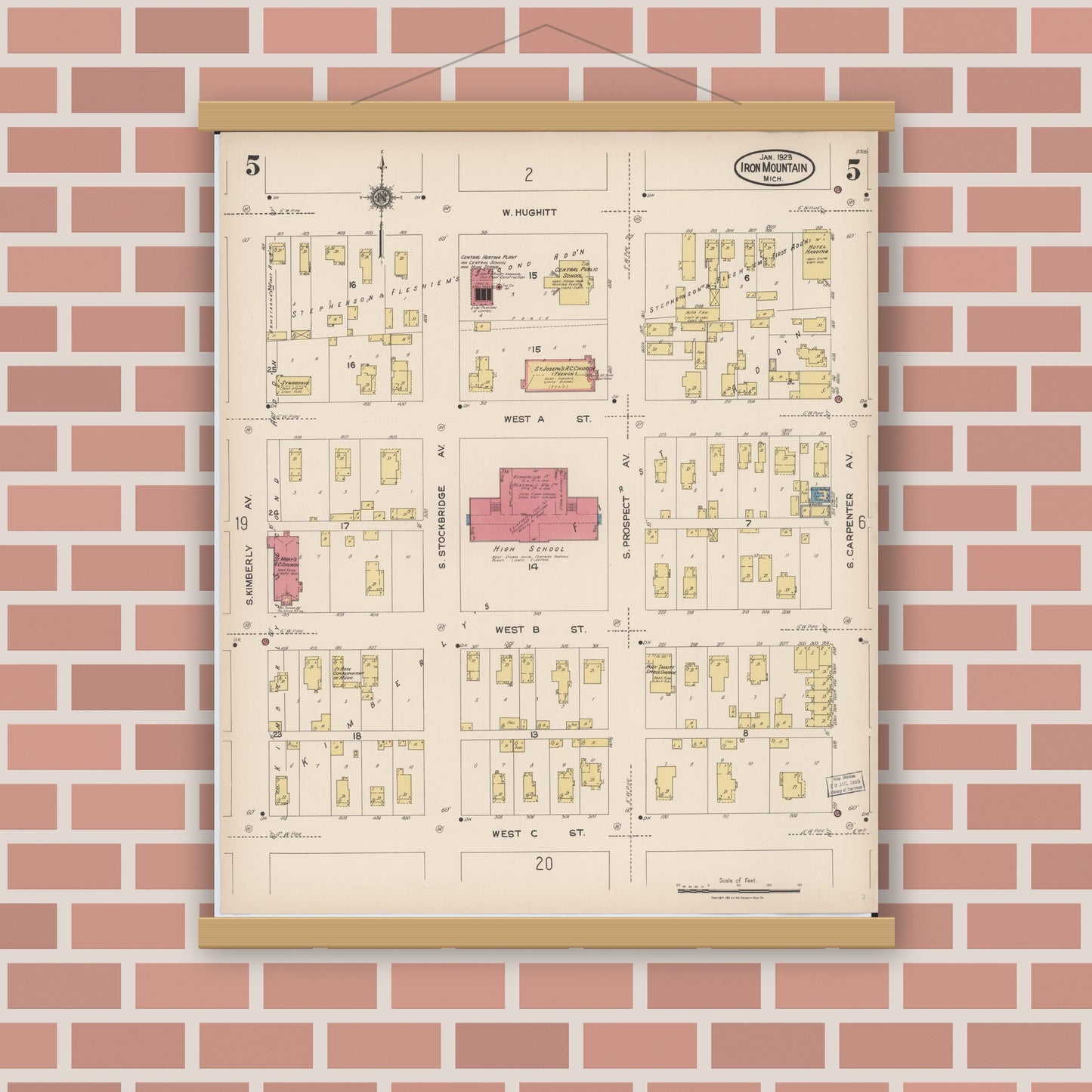 Old map wall art mockup — magnetic wood frame on brick wall — Sanborn Fire Insurance Map from Iron Mountain, Dickinson County, Michigan (1923), Sheet #0005