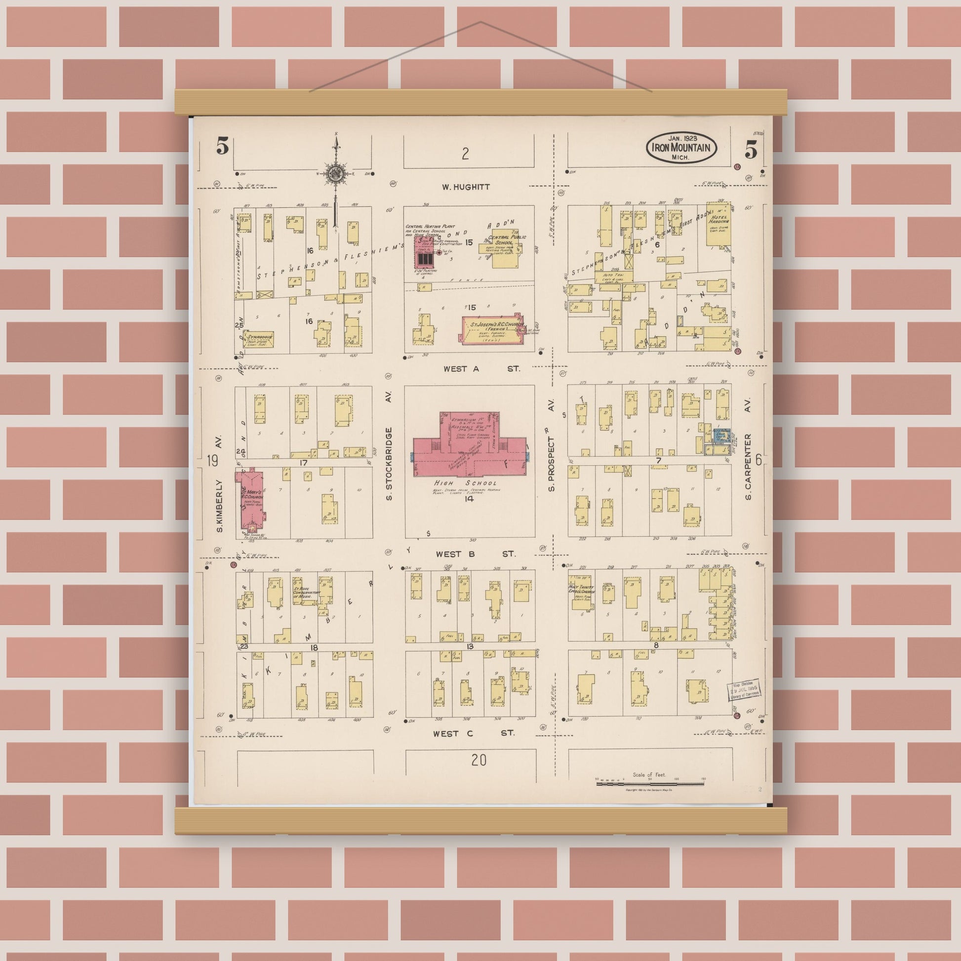 Old map wall art mockup — magnetic wood frame on brick wall — Sanborn Fire Insurance Map from Iron Mountain, Dickinson County, Michigan (1923), Sheet #0005