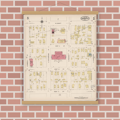 Old map wall art mockup — magnetic wood frame on brick wall — Sanborn Fire Insurance Map from Iron Mountain, Dickinson County, Michigan (1923), Sheet #0005