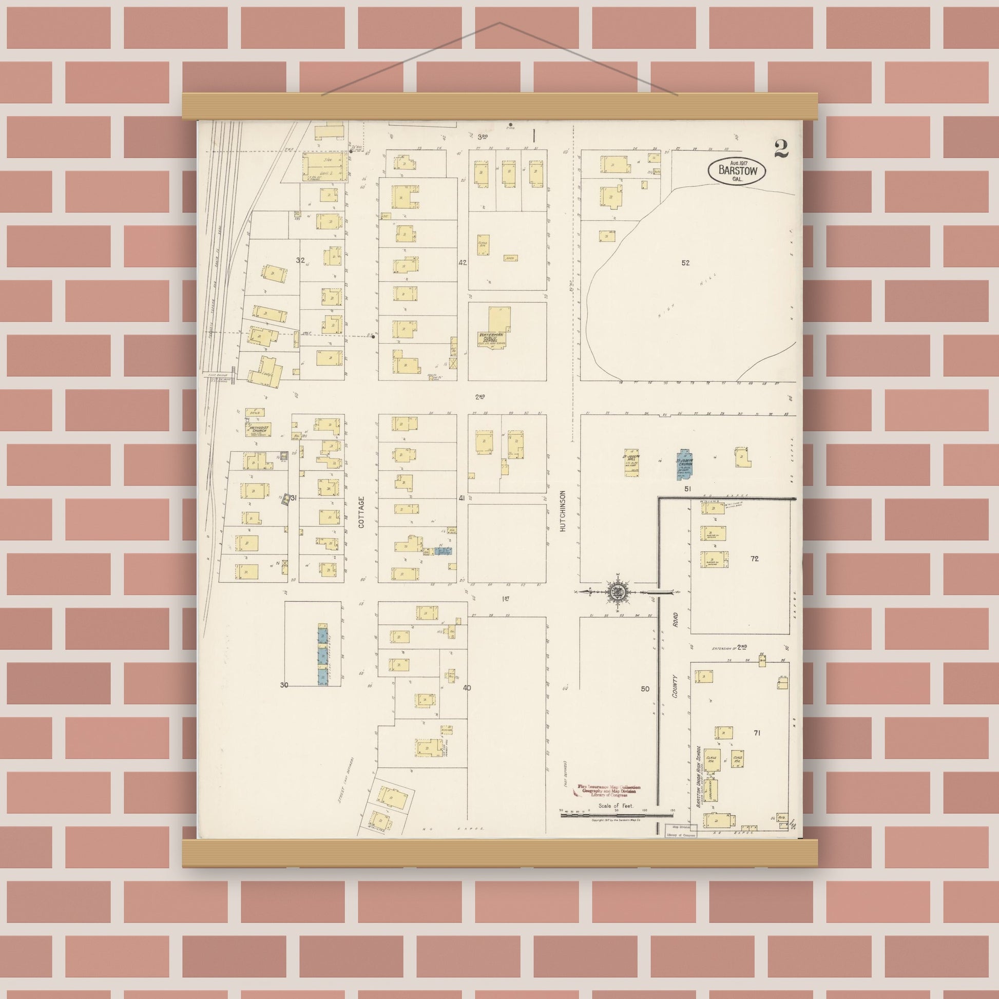 Old map wall art mockup — magnetic wood frame on brick wall — Sanborn Fire Insurance Map from Barstow, San Bernardino County, California (1917), Sheet #0002