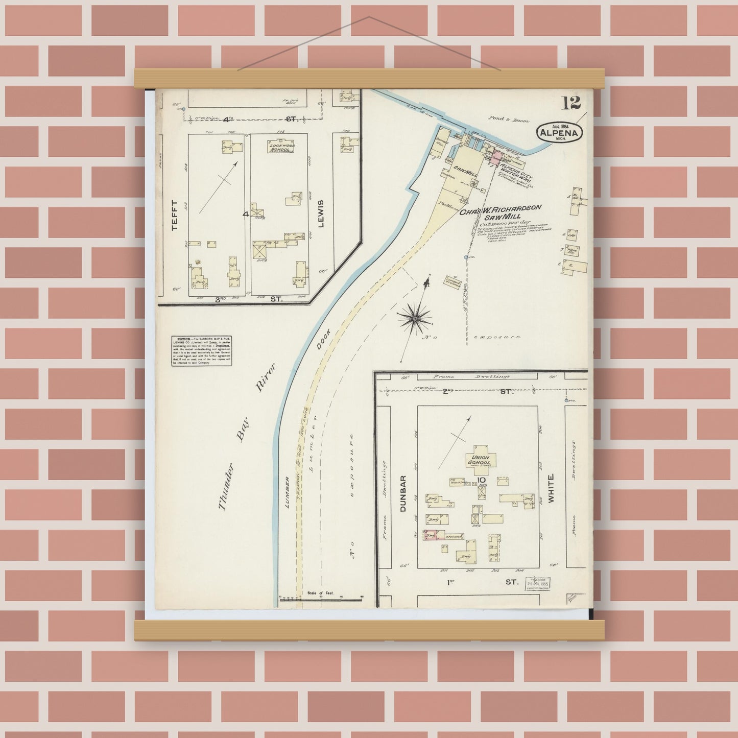 Old map wall art mockup — magnetic wood frame on brick wall — Sanborn Fire Insurance Map from Alpena, Alpena County, Michigan (1884), Sheet #0012