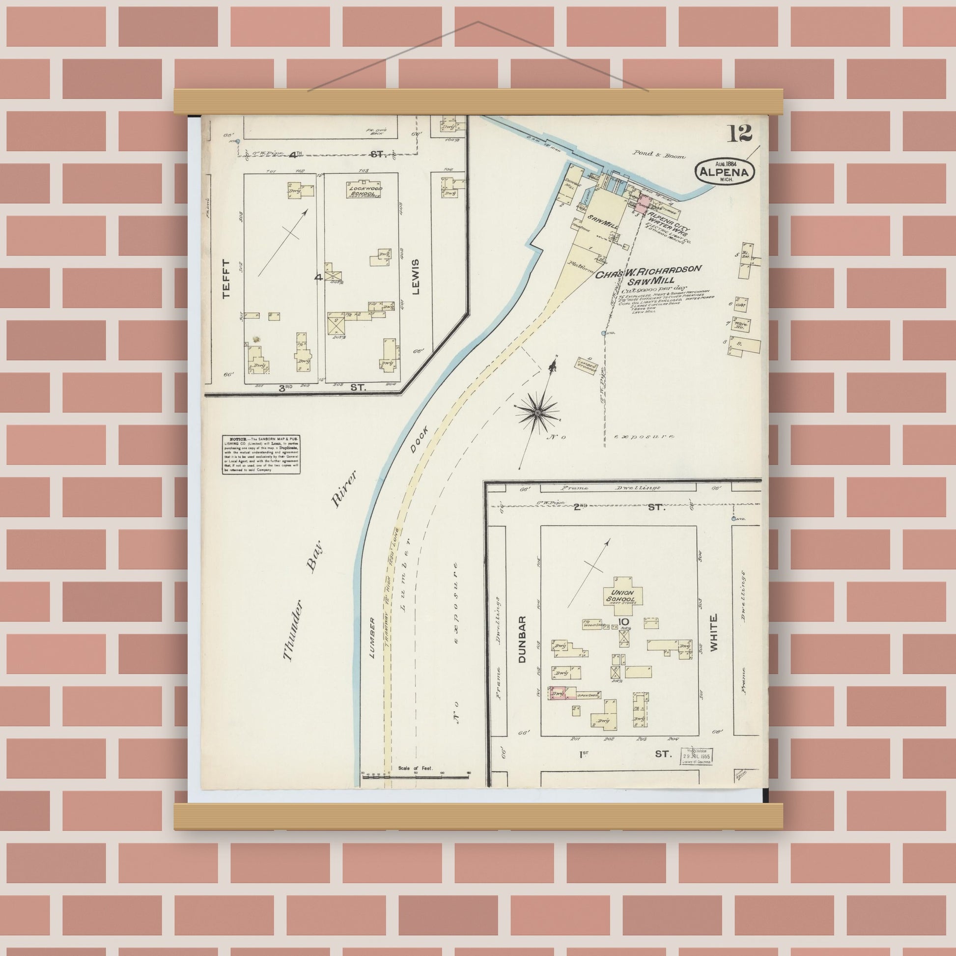 Old map wall art mockup — magnetic wood frame on brick wall — Sanborn Fire Insurance Map from Alpena, Alpena County, Michigan (1884), Sheet #0012