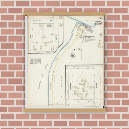 Old map wall art mockup — magnetic wood frame on brick wall — Sanborn Fire Insurance Map from Alpena, Alpena County, Michigan (1884), Sheet #0012