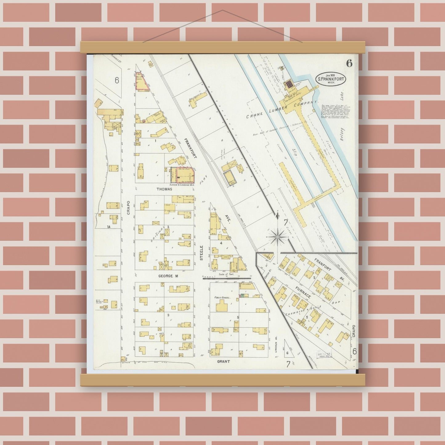 Old map wall art mockup — magnetic wood frame on brick wall — Sanborn Fire Insurance Map from Frankfort, Benzie County, Michigan (1899), Sheet #0006