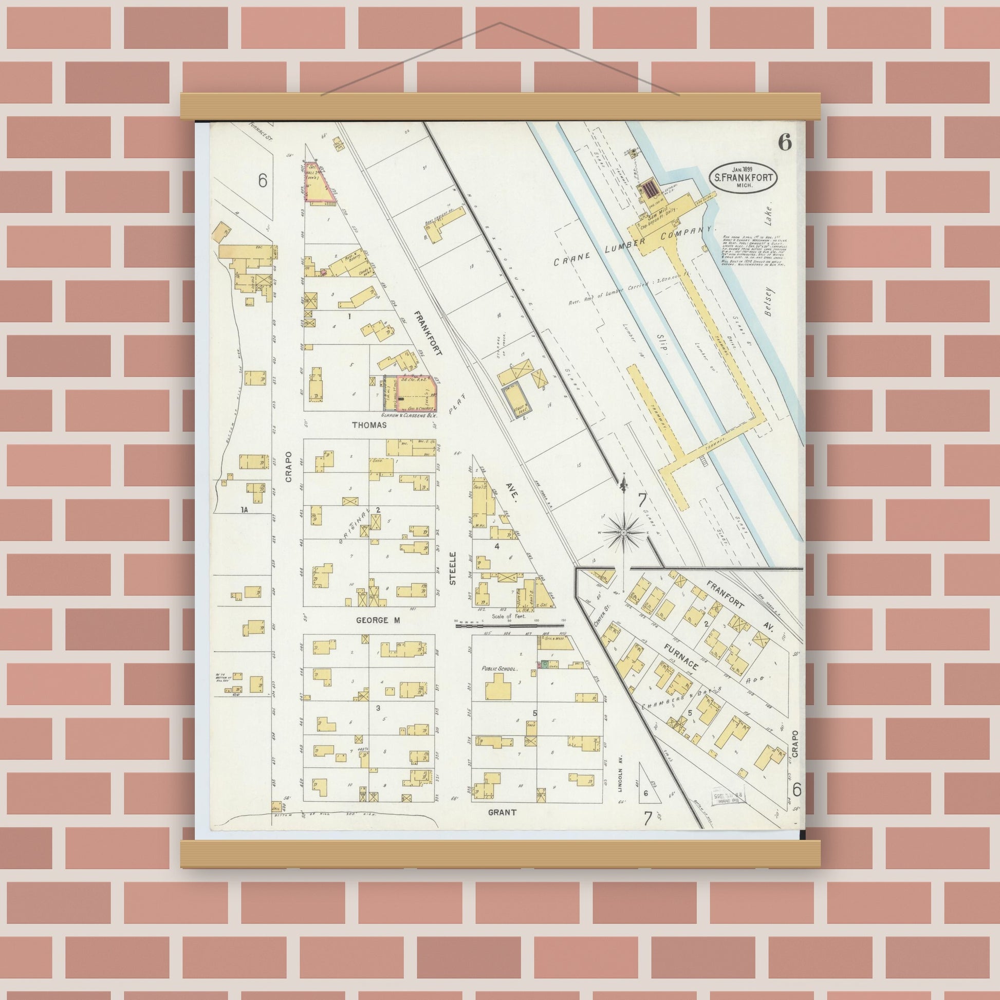 Old map wall art mockup — magnetic wood frame on brick wall — Sanborn Fire Insurance Map from Frankfort, Benzie County, Michigan (1899), Sheet #0006