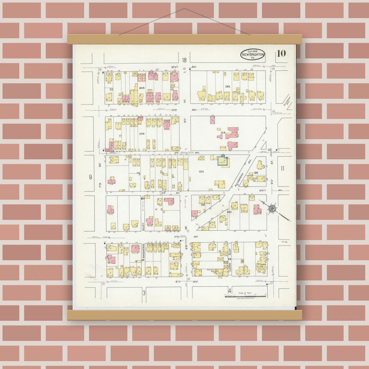 Old map wall art mockup — magnetic wood frame on brick wall — Sanborn Fire Insurance Map from New Brighton, Beaver County, Pennsylvania (1918), Sheet #0010