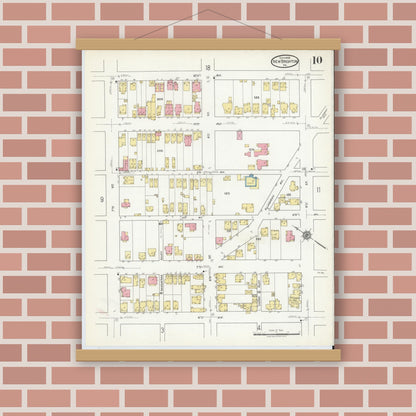 Old map wall art mockup — magnetic wood frame on brick wall — Sanborn Fire Insurance Map from New Brighton, Beaver County, Pennsylvania (1918), Sheet #0010