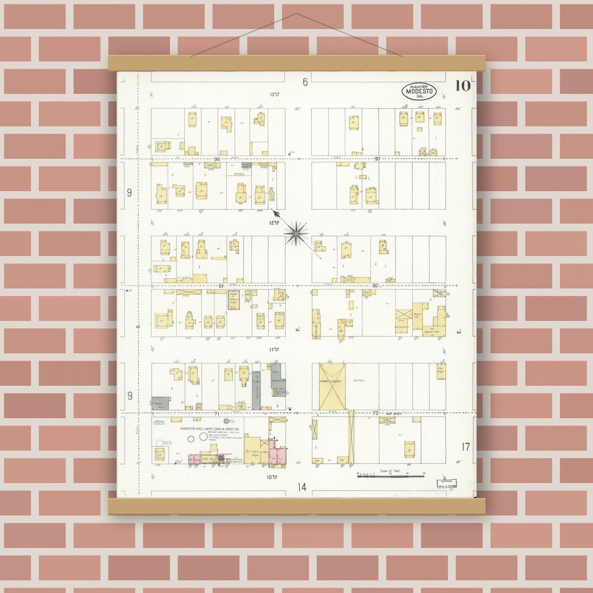 Old map wall art mockup — magnetic wood frame on brick wall — Sanborn Fire Insurance Map from Modesto, Stanislaus County, California (1907), Sheet #0010