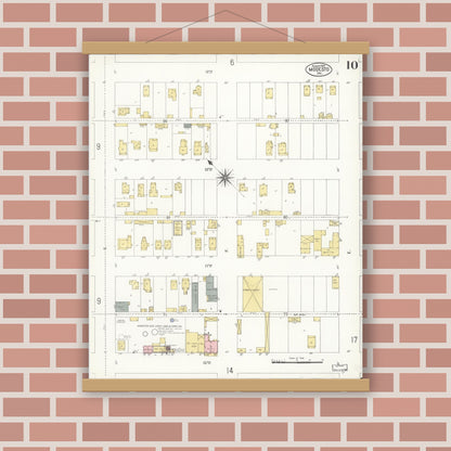 Old map wall art mockup — magnetic wood frame on brick wall — Sanborn Fire Insurance Map from Modesto, Stanislaus County, California (1907), Sheet #0010