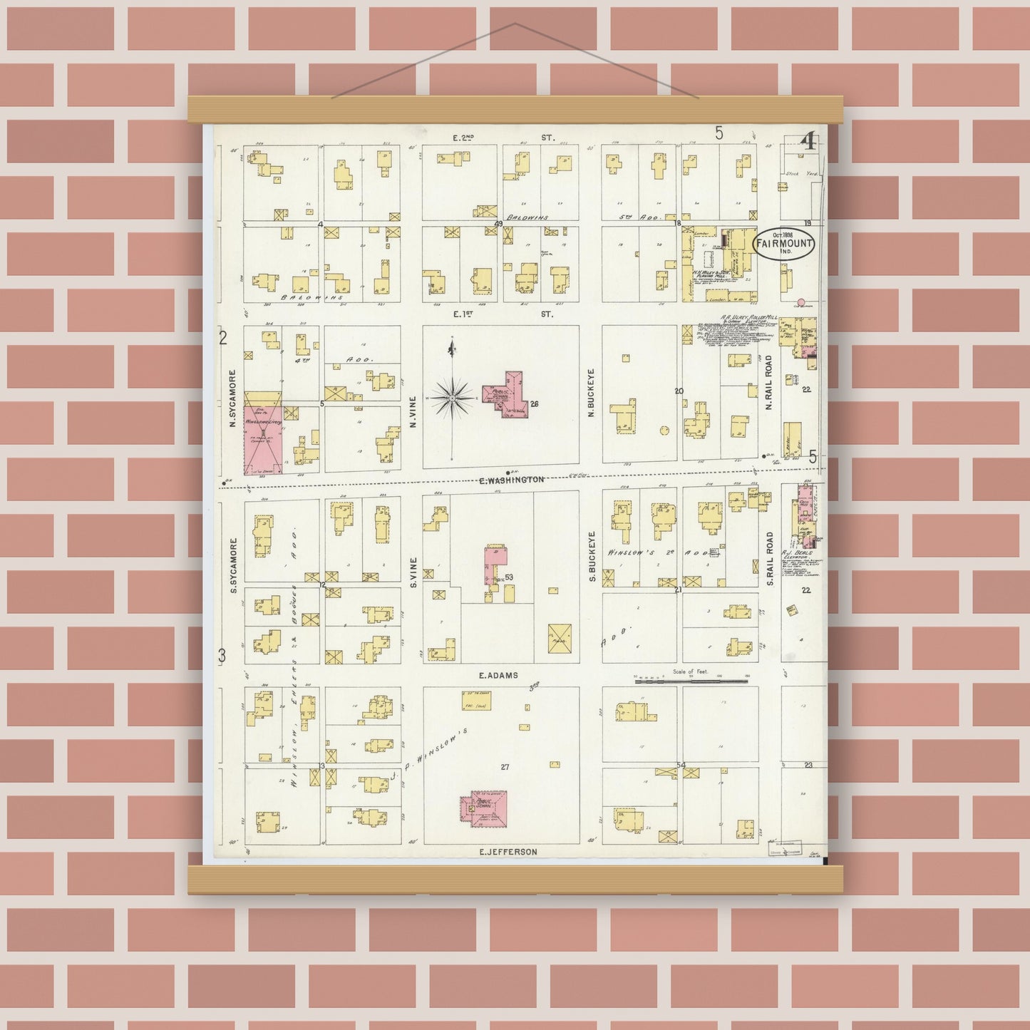 Old map wall art mockup — magnetic wood frame on brick wall — Sanborn Fire Insurance Map from Fairmount, Grant County, Indiana (1898), Sheet #0004