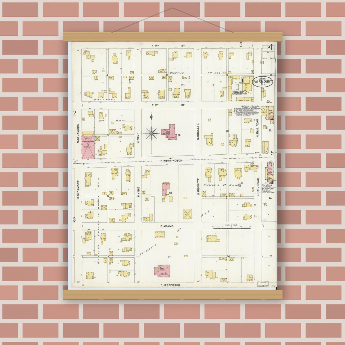 Old map wall art mockup — magnetic wood frame on brick wall — Sanborn Fire Insurance Map from Fairmount, Grant County, Indiana (1898), Sheet #0004