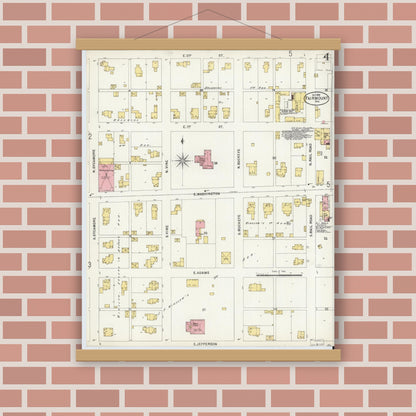Old map wall art mockup — magnetic wood frame on brick wall — Sanborn Fire Insurance Map from Fairmount, Grant County, Indiana (1898), Sheet #0004