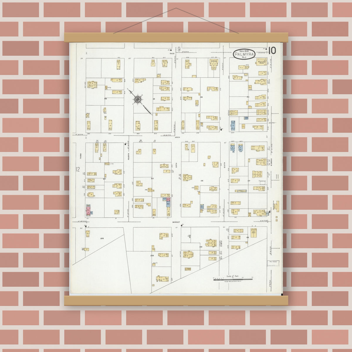 Old map wall art mockup — magnetic wood frame on brick wall — Sanborn Fire Insurance Map from Palmyra, Burlington County, New Jersey (1919), Sheet #0010