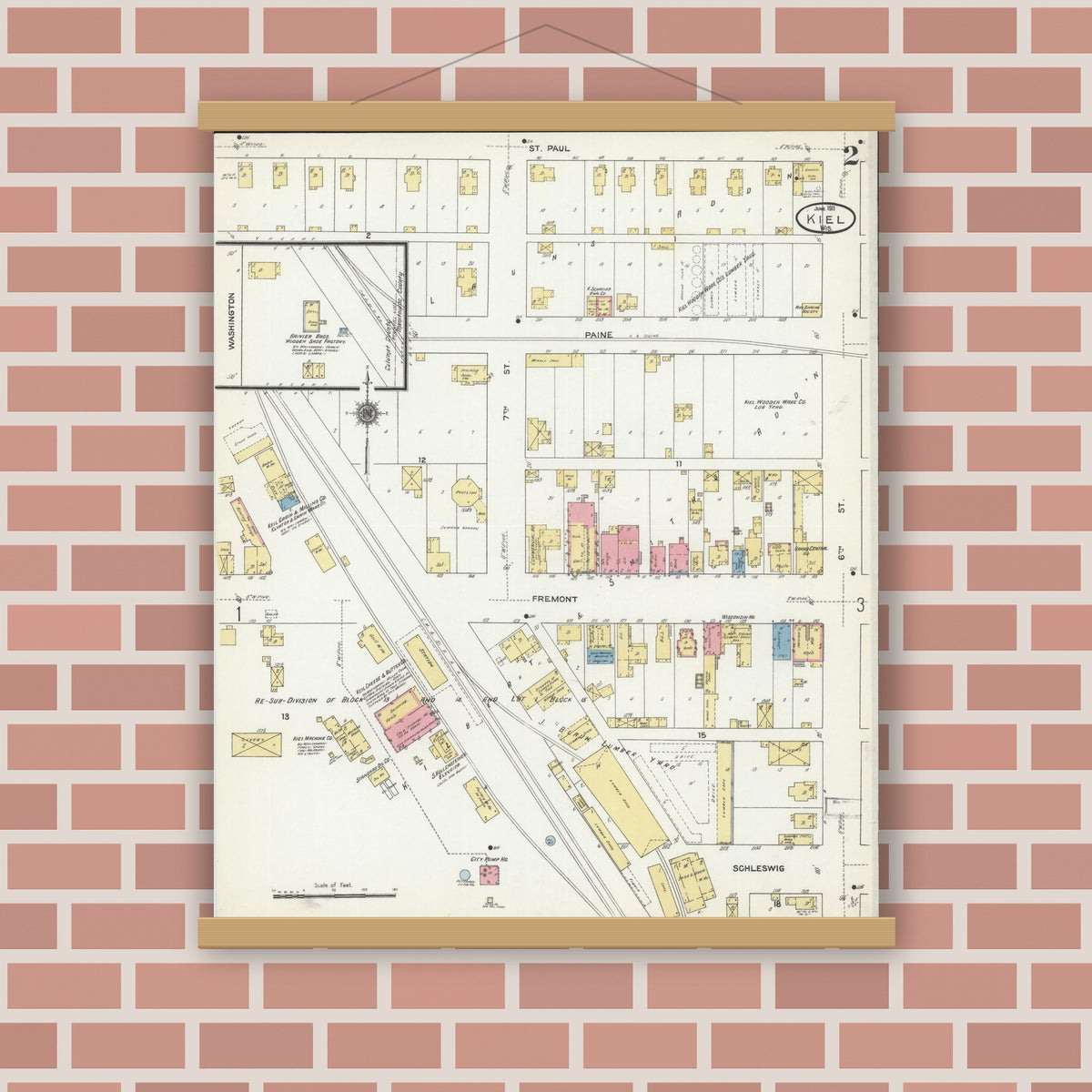 Old map wall art mockup — magnetic wood frame on brick wall — Sanborn Fire Insurance Map from Kiel, Manitowoc and Calumet Counties, Wisconsin (1911), Sheet #0002
