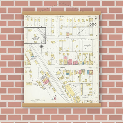 Old map wall art mockup — magnetic wood frame on brick wall — Sanborn Fire Insurance Map from Kiel, Manitowoc and Calumet Counties, Wisconsin (1911), Sheet #0002