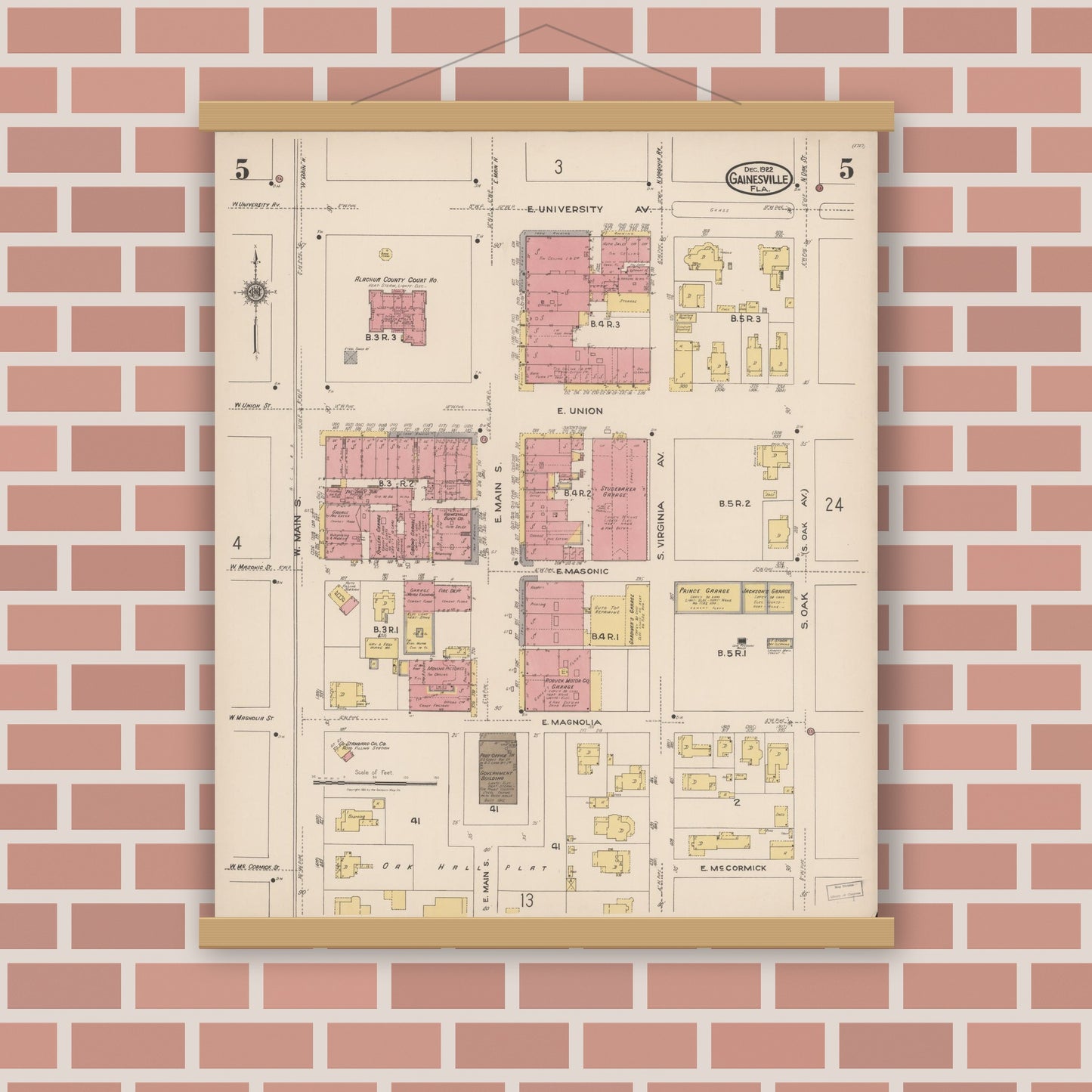 Old map wall art mockup — magnetic wood frame on brick wall — Sanborn Fire Insurance Map from Gainesville, Alachua County, Florida (1922), Sheet #0005
