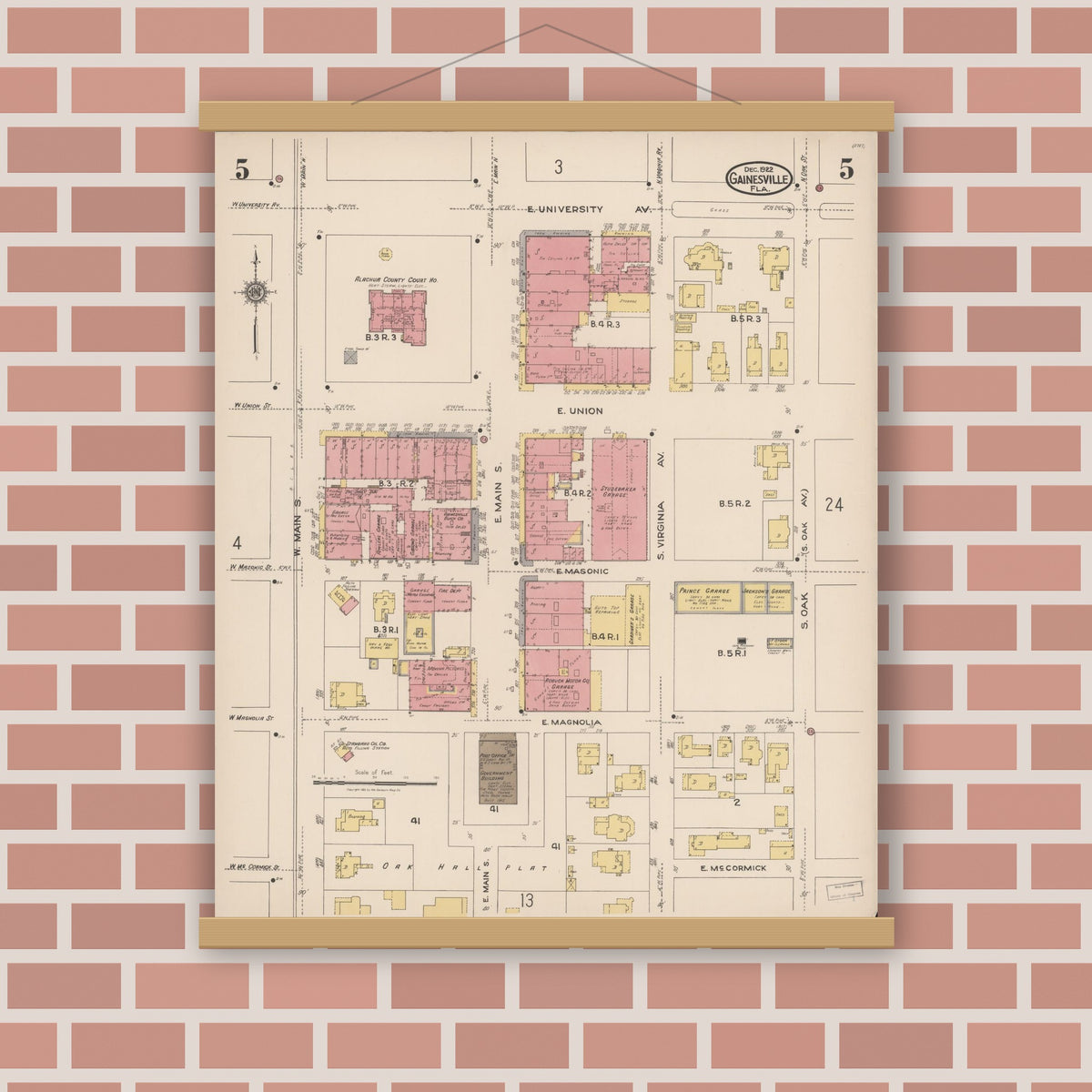 Old map wall art mockup — magnetic wood frame on brick wall — Sanborn Fire Insurance Map from Gainesville, Alachua County, Florida (1922), Sheet #0005