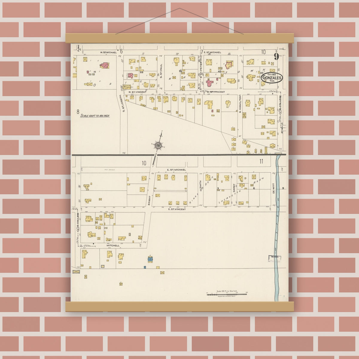 Old map wall art mockup — magnetic wood frame on brick wall — Sanborn Fire Insurance Map from Gonzales, Gonzales County, Texas (1922), Sheet #0009