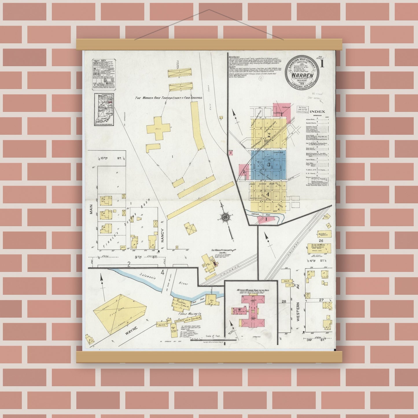Old map wall art mockup — magnetic wood frame on brick wall — Sanborn Fire Insurance Map from Warren, Huntington County, Indiana (1919) - Complete Map Set