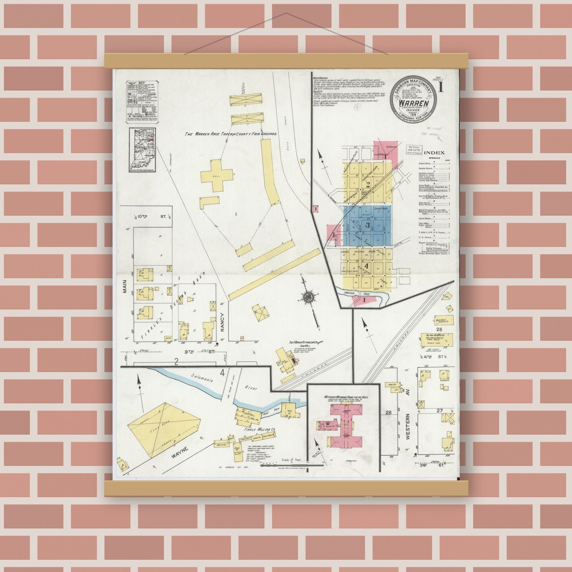 Old map wall art mockup — magnetic wood frame on brick wall — Sanborn Fire Insurance Map from Warren, Huntington County, Indiana (1919) - Complete Map Set