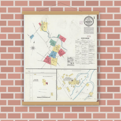 Old map wall art mockup — magnetic wood frame on brick wall — Sanborn Fire Insurance Map from Bridgewater, Plymouth County, Massachusetts (1906), Sheet #0001